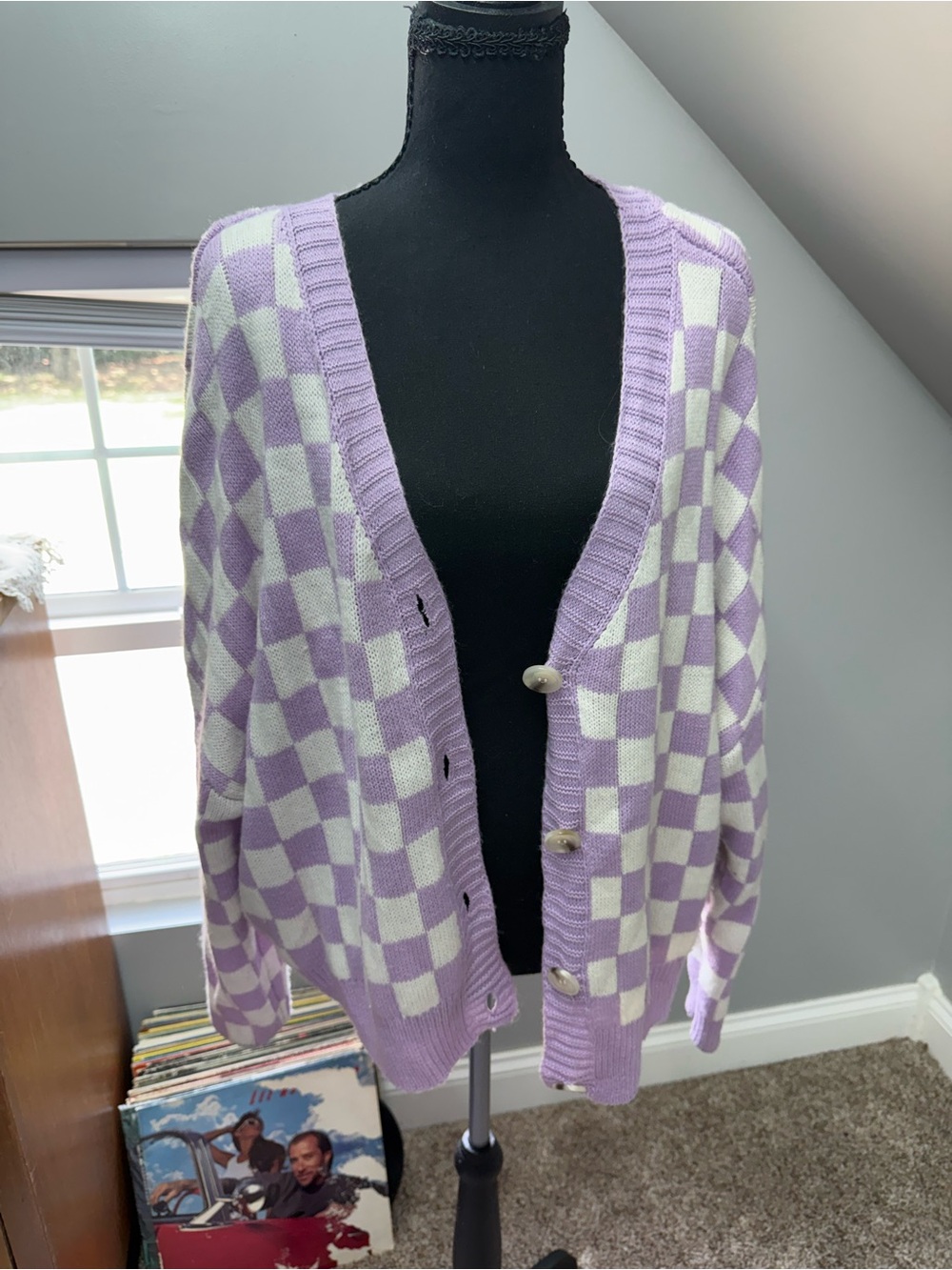 Lavender Checkered V-Neck Button Cardigan